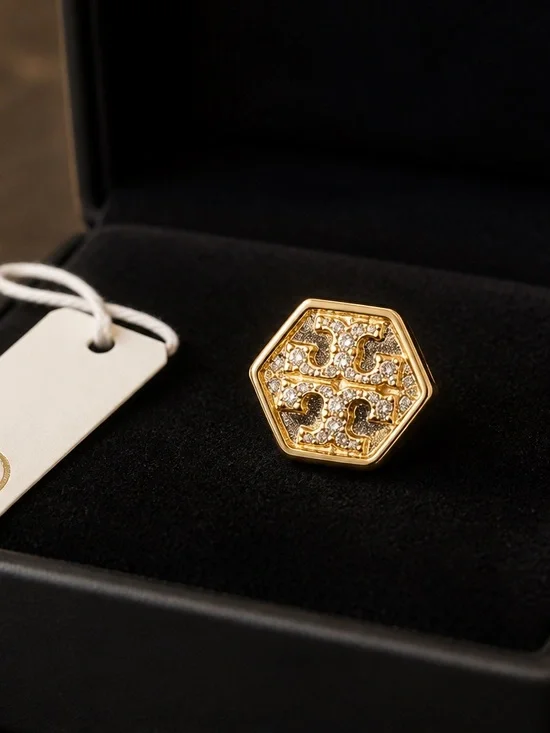 Tory Burch Gold Hexagon Logo Crystal Ring