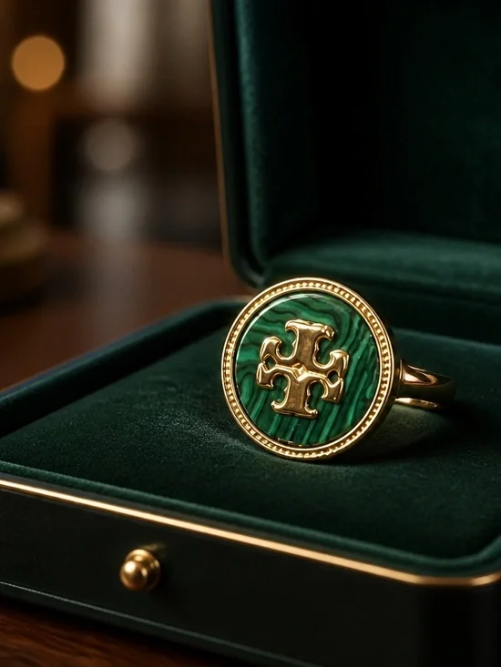 Tory Burch Gold Tone Ring with Green Malachite-Style Center