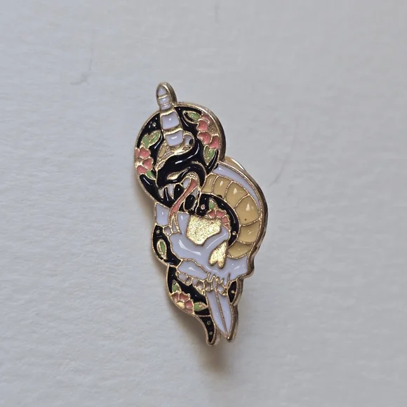 Gold-Trim Enamel Sword & Snake Pin with Pink Flowers