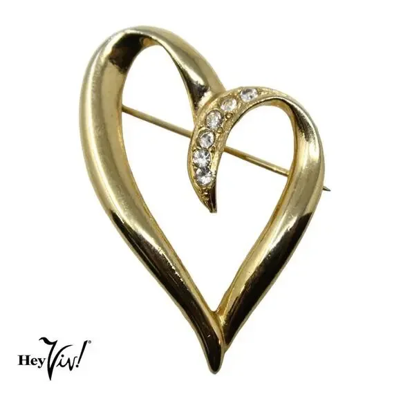 Vintage Gold Tone Open Heart Brooch Pin Rhinestones Sweet Romantic 1.5