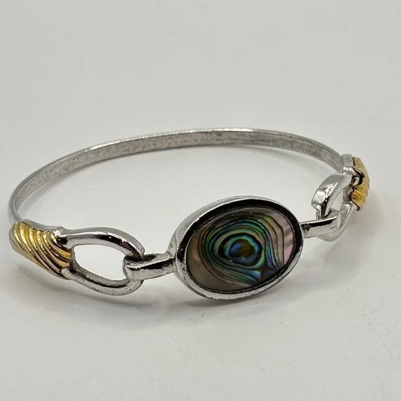 Vintage Abalone Avon Silver Gold Two Tone Hinged Bracelet