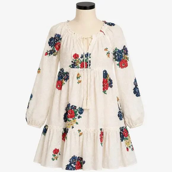 Tory Burch Ivory Floral Embroidered Peasant Tunic Dress Women's XS Long Sleeve