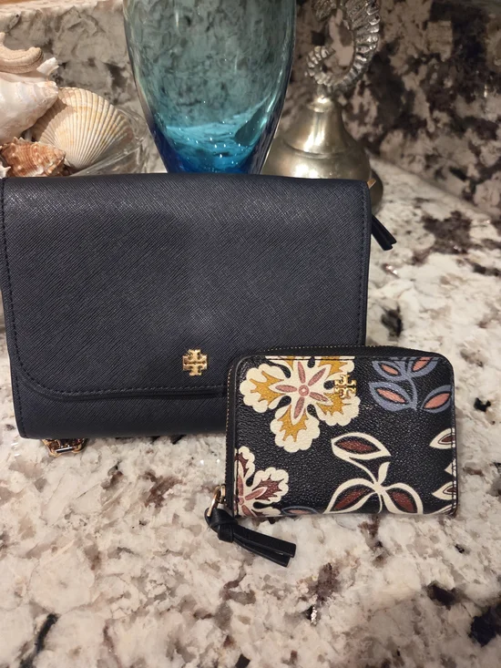 Tory Burch Deep Navy Saffiano Crossbody Bag with Black Floral Zip Wallet