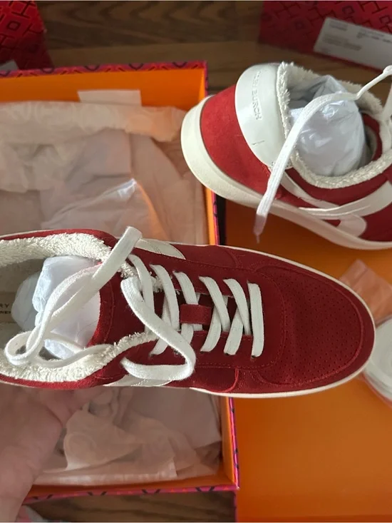 Tory Burch Red Suede Lace-Up Sneakers with White Trim