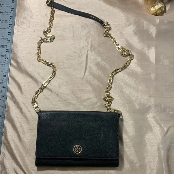 Tory Burch Black Crossbody Bag with Gold Chain Saffiano Leather
