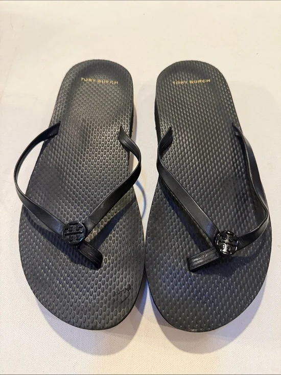 Tory Burch Black Logo Medallion Flip Flops