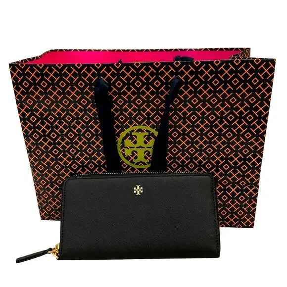 TORY BURCH Emerson Wristlet Zip Continental Wallet Saffiano Leather Black NEW