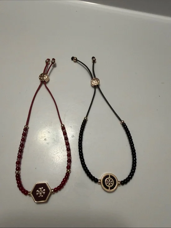 TWO Tory Burch Adjustable Beaded BraceletS - Red and Black
