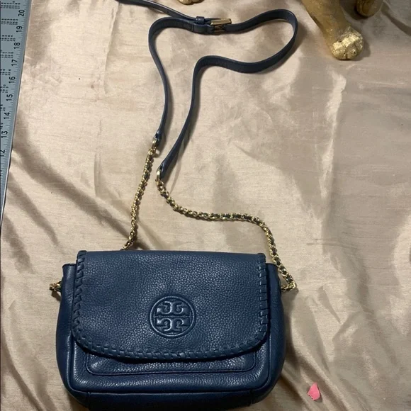 Tory Burch Blue Leather Crossbody Bag with Gold Chain EUC