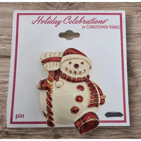 Christopher Radko Enamel Snowman Brooch Pin Xmas Holiday New Old‎ Stock