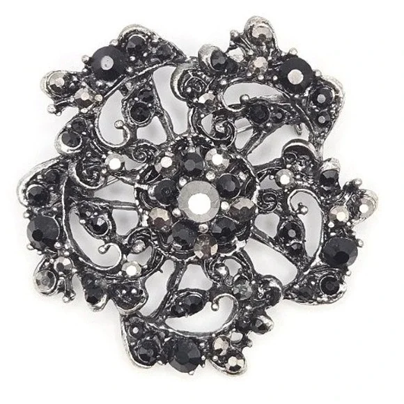 Vintage‎ Style Black Rhinestone Brooch Pin Flower Embellished Costume Jewelry