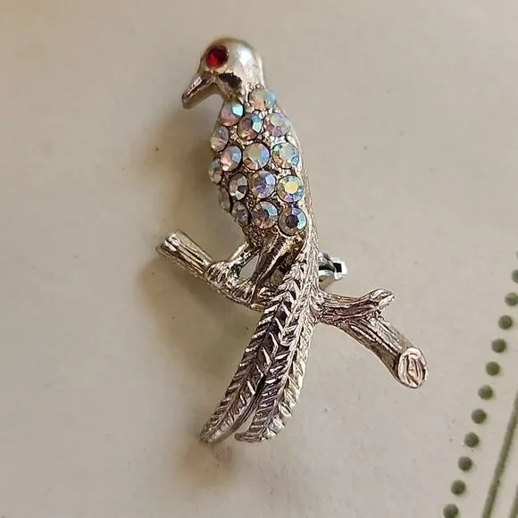 Vintage Aurora Borealis Rhinestone Embellished Bird Brooch