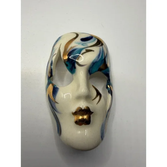 Vintage‎ New Orleans Ceramic Mardi Gras Mask Brooch Hand Painted Blue Gold YS