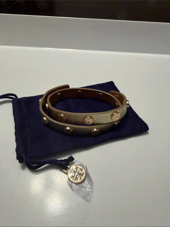 Tory Burch Pewter & Gold Logo Stud Double Wrap Bracelet