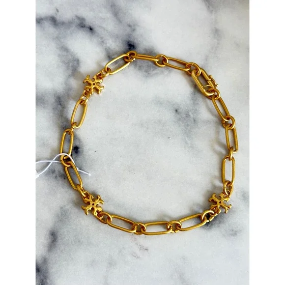 Tory Burch Roxanne Gold Tone Paperclip Chain Necklace Logo Charms 15.5 Inch