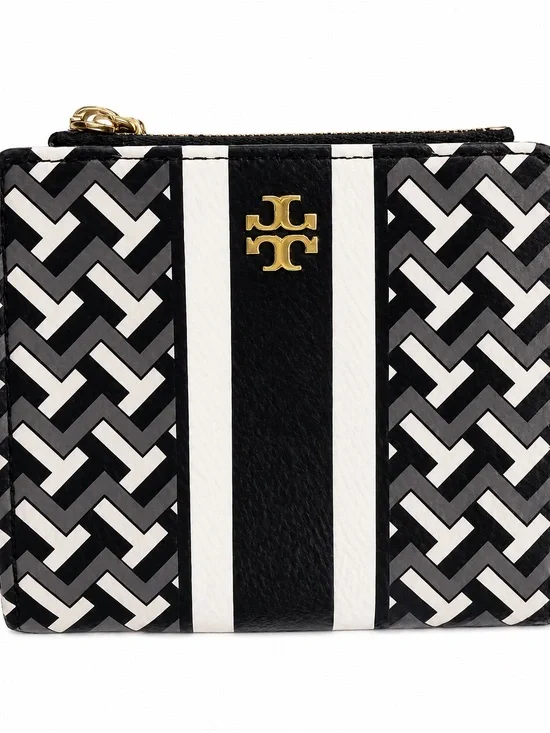 Tory Burch Black & White Geometric Zip Wallet with Gold Logo