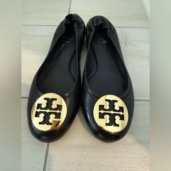 Tory Burch Black Leather Flats with Gold Emblem
