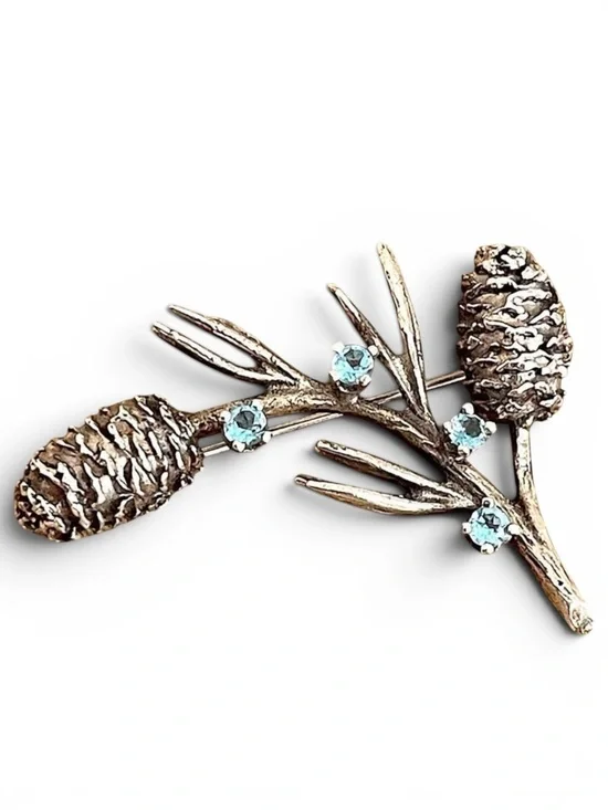 Vintage MFA Museum of Fine Arts Sterling Silver Pine Cone Bough Blue Pin Brooch