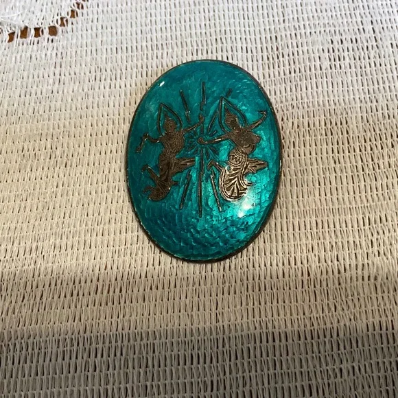 Vintage Siam Sterling Silver Turquoise‎ Enamel Mekkala Ramasoon Oval Brooch Pin