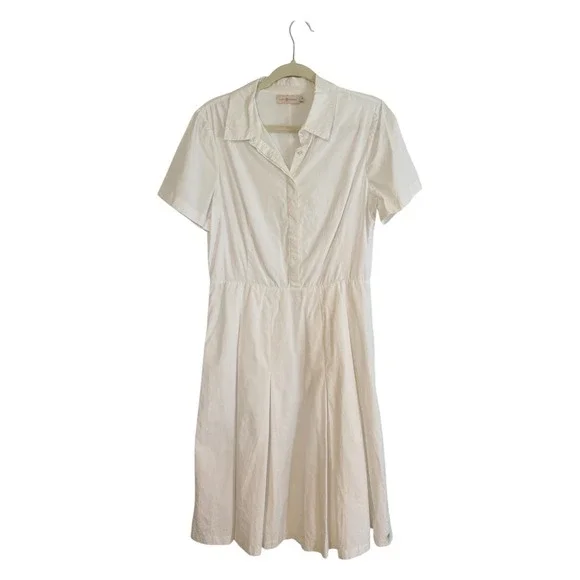 Tory Burch Pleated Shirtdress White 12 Cotton Short Sleeve 51131472 Classic