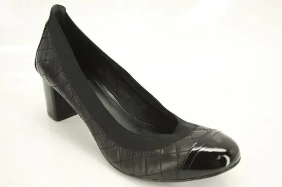 Tory Burch Black Leather Carrie Cap Toe Ballet Heels Pumps Size 7.5 Logo
