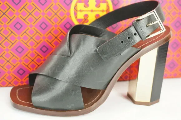 Tory Burch Black Leather Bleeker Wide Strappy Sandals Size 6.5 Hex Heel NIB