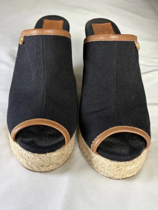 Tory Burch Black Canvas & Brown Leather Espadrille Wedge Mules