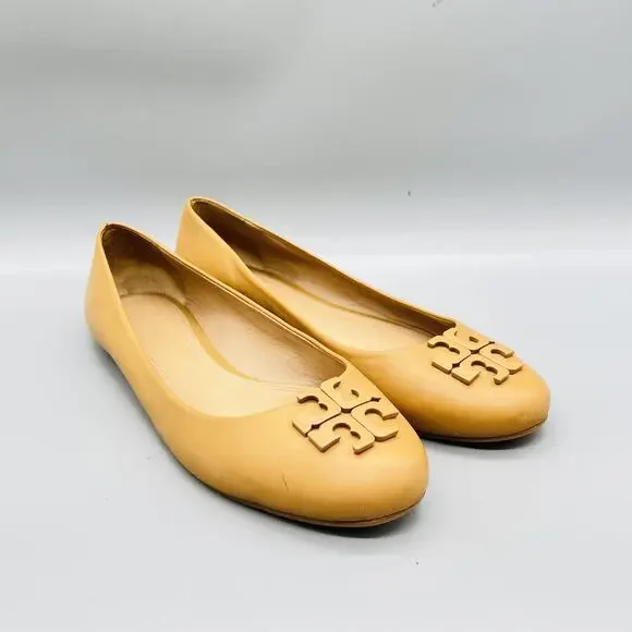 Tory Burch Shoes Womens 11 Beige Leather Medallion Ballet Flats Slip On Casual