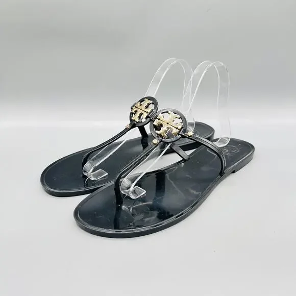 Tory Burch Sandals Womens 11 Black Rubber Jelly Thong Logo Medallion Shoes