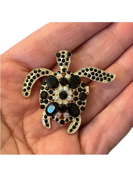 Gold-Tone Turtle Brooch with Black and Iridescent Stones FINAL PRICE DROP