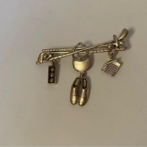 DANECRAFT BROOCH PIN GOLFERS GEAR SILVER TONE CLUBS SHOES BALLS DANGLES DROPS