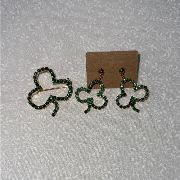 Green Clover Brooch/Earring Jewelry‎ set