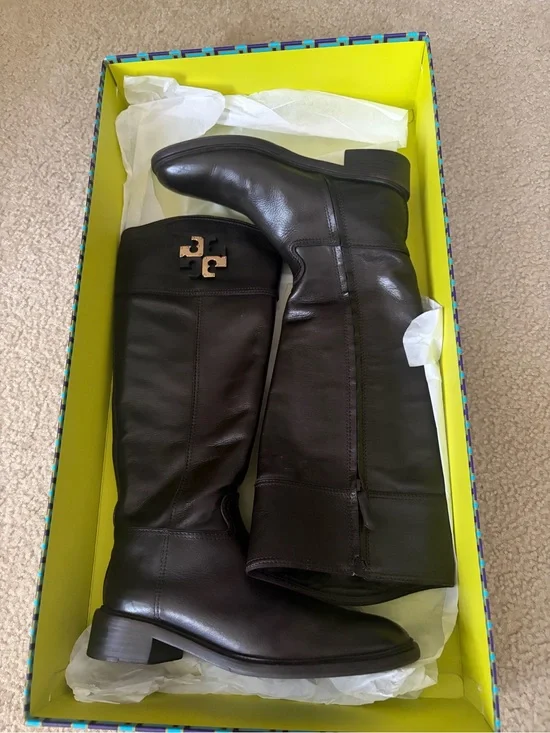 Women’s Lowell Tory Burch Dark Brown Leather Knee Boots with Gold Logo