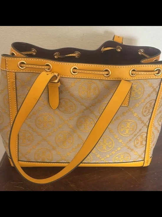 Tory Burch Yellow Logo Jacquard Drawstring Tote