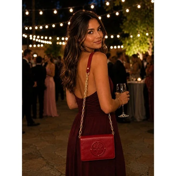 Tory Burch Miller Crossbody Bag Small Red Leather Gold Chain Logo Medallion 1113