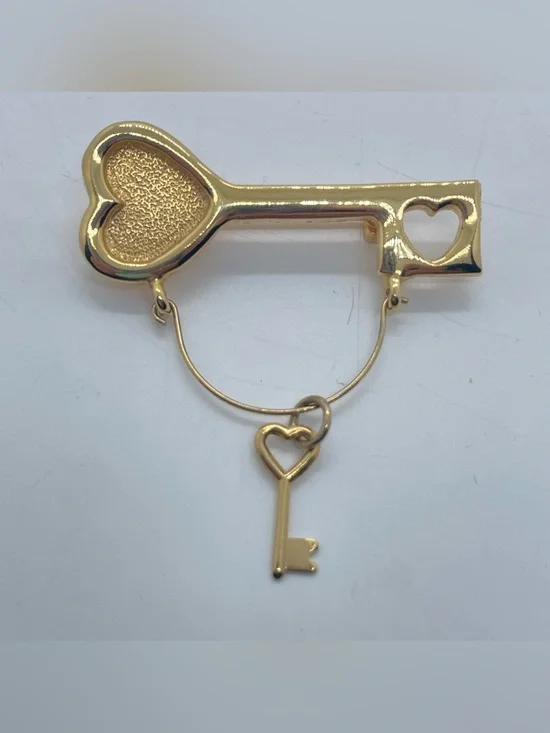 Gold Tone Heart Key Charm Brooch