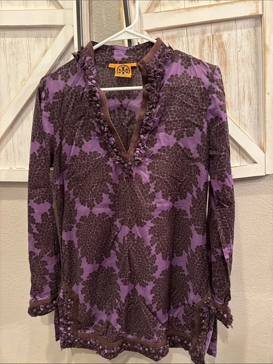 Tory Burch Purple and Brown Floral V-Neck Tunic ptp 18