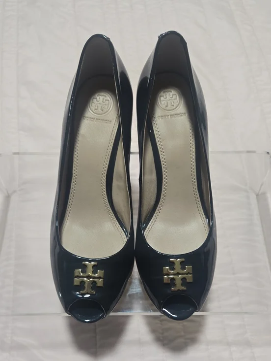 Tory Burch Navy Patent Peep-Toe Wedge with Gold Logo Accent