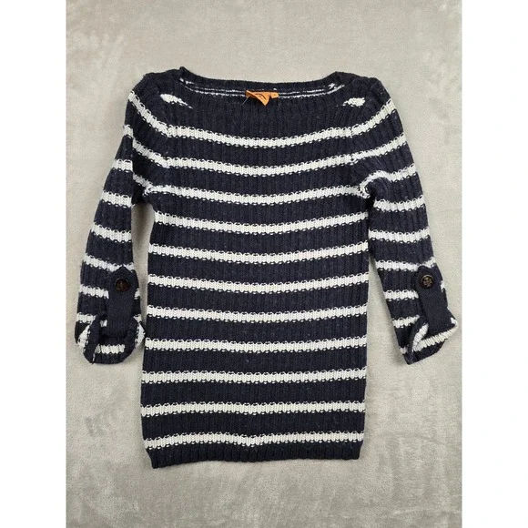 Tory Burch Sweater Womens M Fit S Navy White Striped Wool Blend Half 3/4 Sleeve