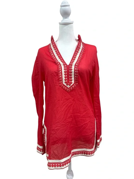 Tory Burch Red V-Neck Pom Pom Trim Tunic