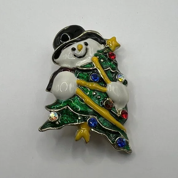 Vintage Snowman Brooch White Green Enamel and Crystal‎ Accent Pin