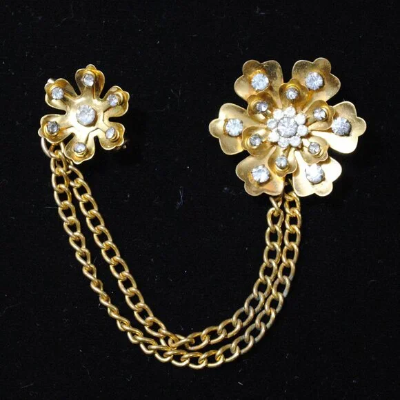 Vintage Chain-linked Gold-tone Flower Collar Brooches / Sweater Guard Rhinestone