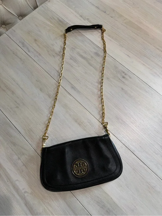Tory Burch Black Leather Crossbody with Gold Chain Strap