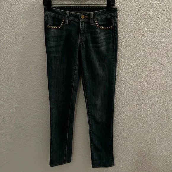 TORY BURCH Dark Wash Gold Logo Hardware Low Rise Super Skinny Jeans SIZE 25