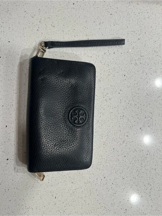 Tory Burch Black Pebbled Leather Zip-Around Wristlet with Logo