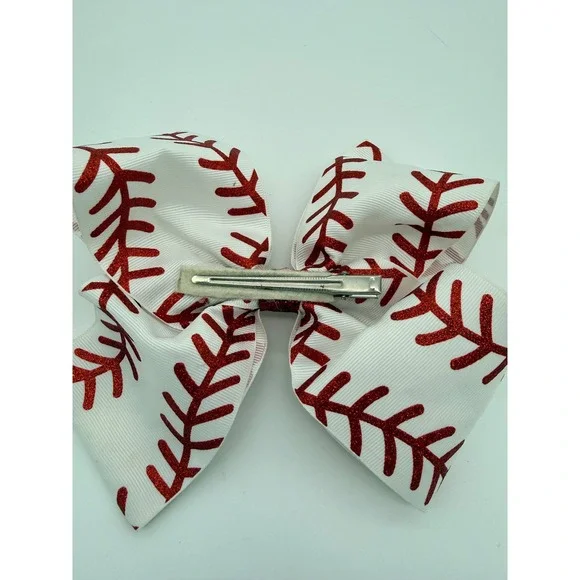Baseball Hair Bow Red Glitter Stitching White Grosgrain Alligator Clip Kids