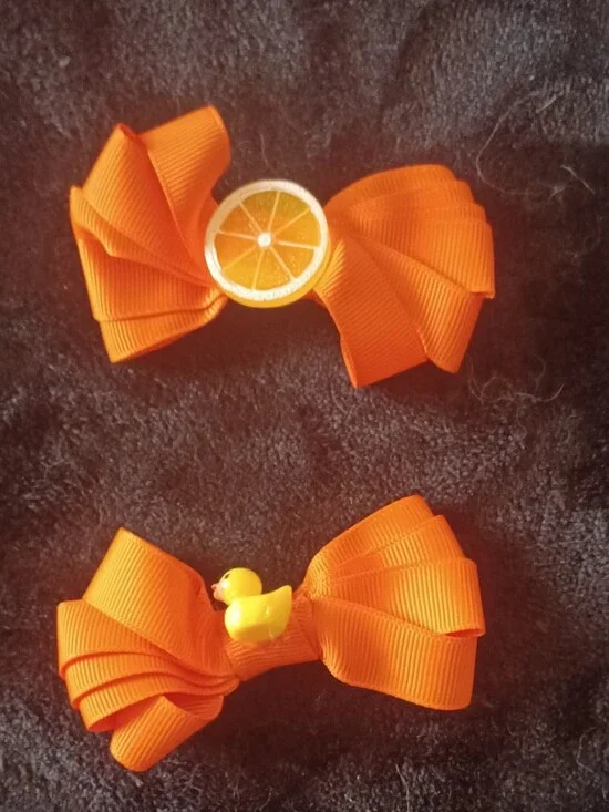 Bright Orange Kids Hair Bow Set with Lemon & Duck Accents