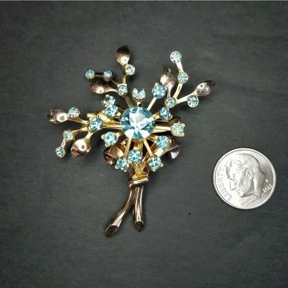 Vintage Signed Coro Pastel Blue Rhinestone Floral Bouquet Gold Tone Brooch Pin