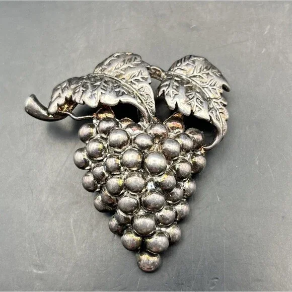Silver Tone Grape Bunch Brooch Pin Pendant Cluster Signed MJ Marie Jennifer