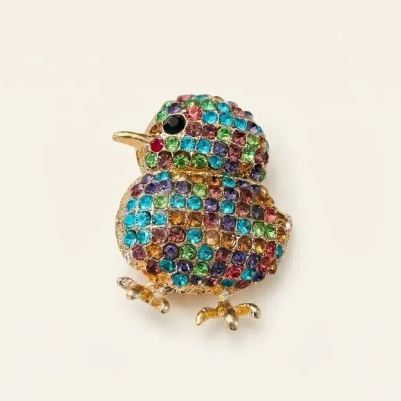 Vintage Rhinestone Chick Brooch – Colorful Pave Crystal Bird Pin – Whimsical